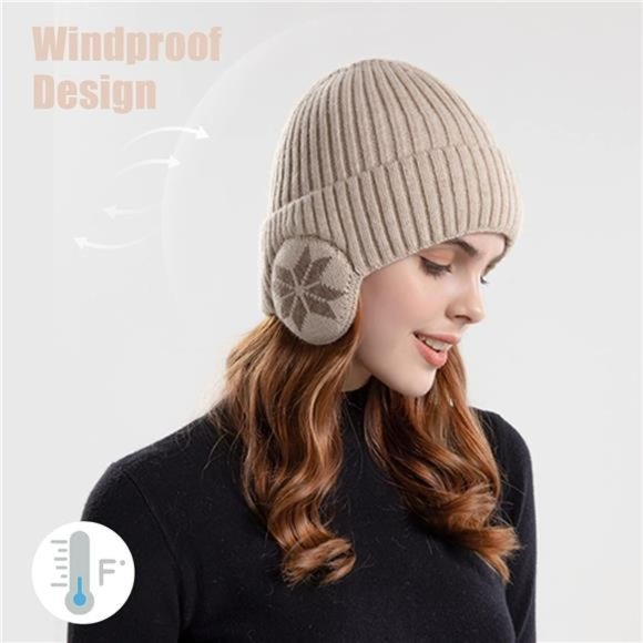 Unisex Knitted Beanie Winter Hat Stretchy Caps Fleece Lined Ear Warmer, Beige main image 6
